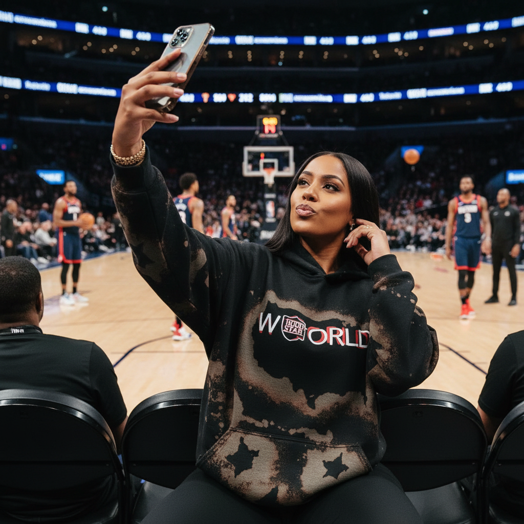 Female model taking courtside selfie